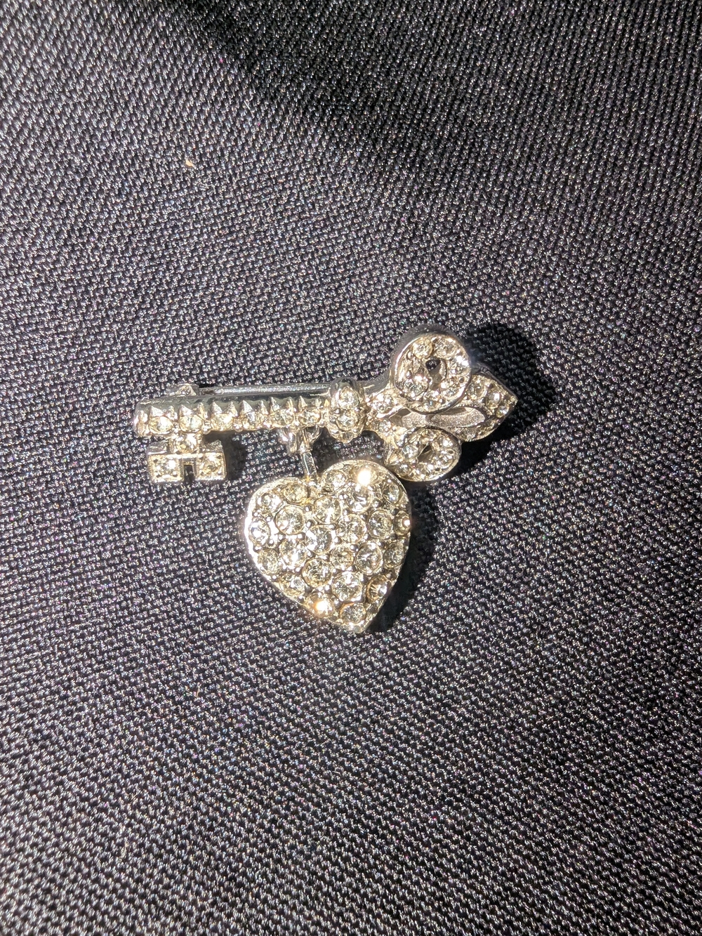 Rhinestone Key & Heart Brooch - Silver Crystal Accent Kramer NY